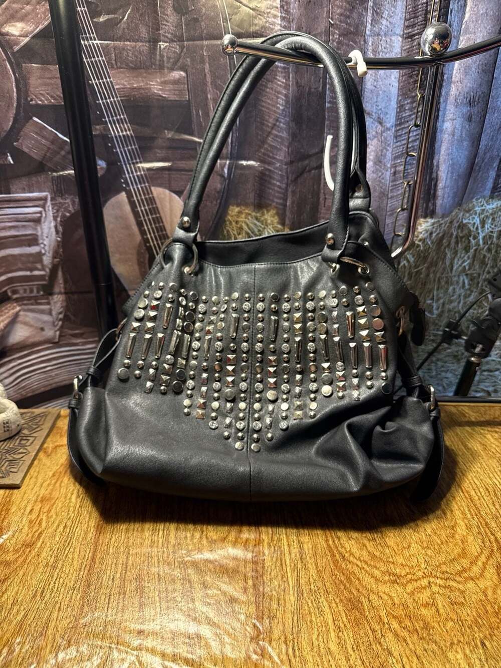 La Luque Black Studded and Rhinestone Embellished Hobo Handbag